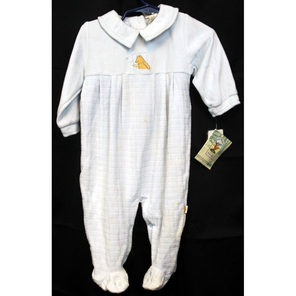 Vtg Disney Classic Pooh Sleeper sz 9 Months Blue Velour Winnie Bear Star Long
